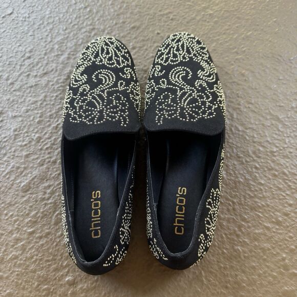 New Chico's Embellished Loafers Black Gold Color Metal Studs Loafer Size 9 - Picture 8 of 12